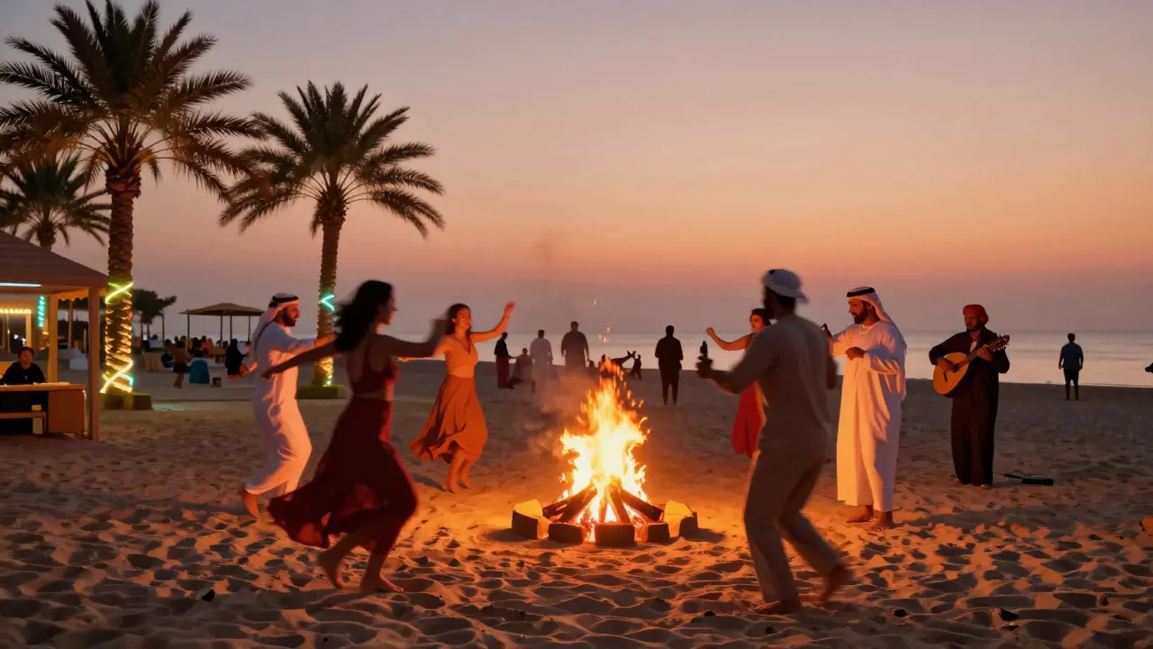 People dancing barefoot by a beach bonfire as an oud player performs under neon lights.
