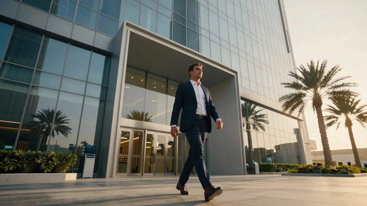Person exiting clinic confidently under golden hour light.
