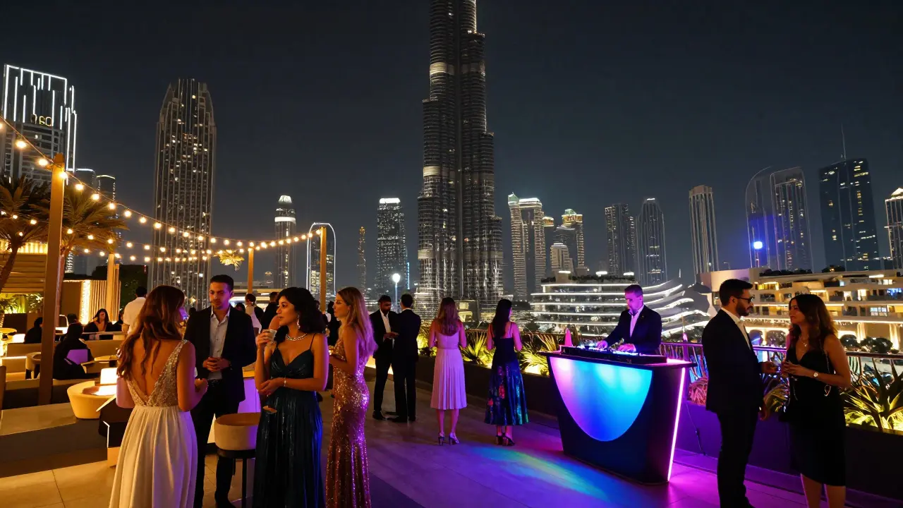 Rooftop lounge with Burj Khalifa view and DJ performance at night.