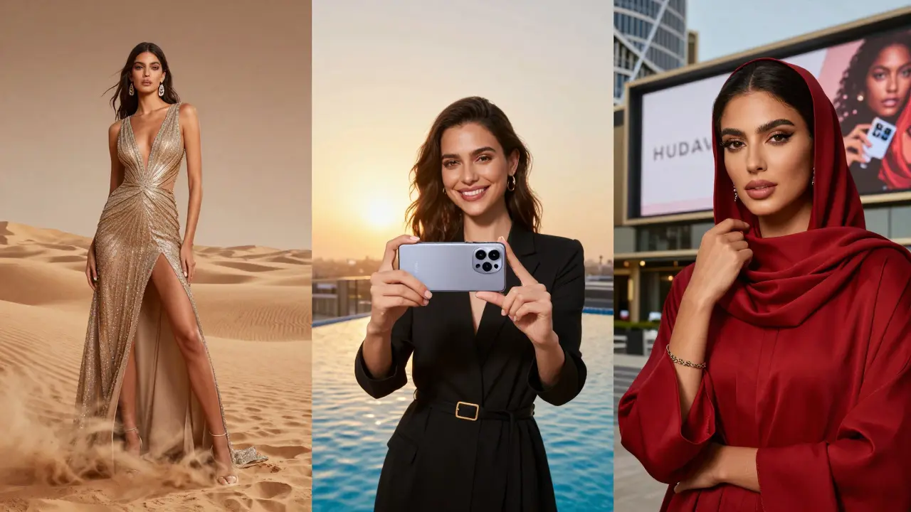 Three models in different settings: desert runway, rooftop pool, and luxury billboard.