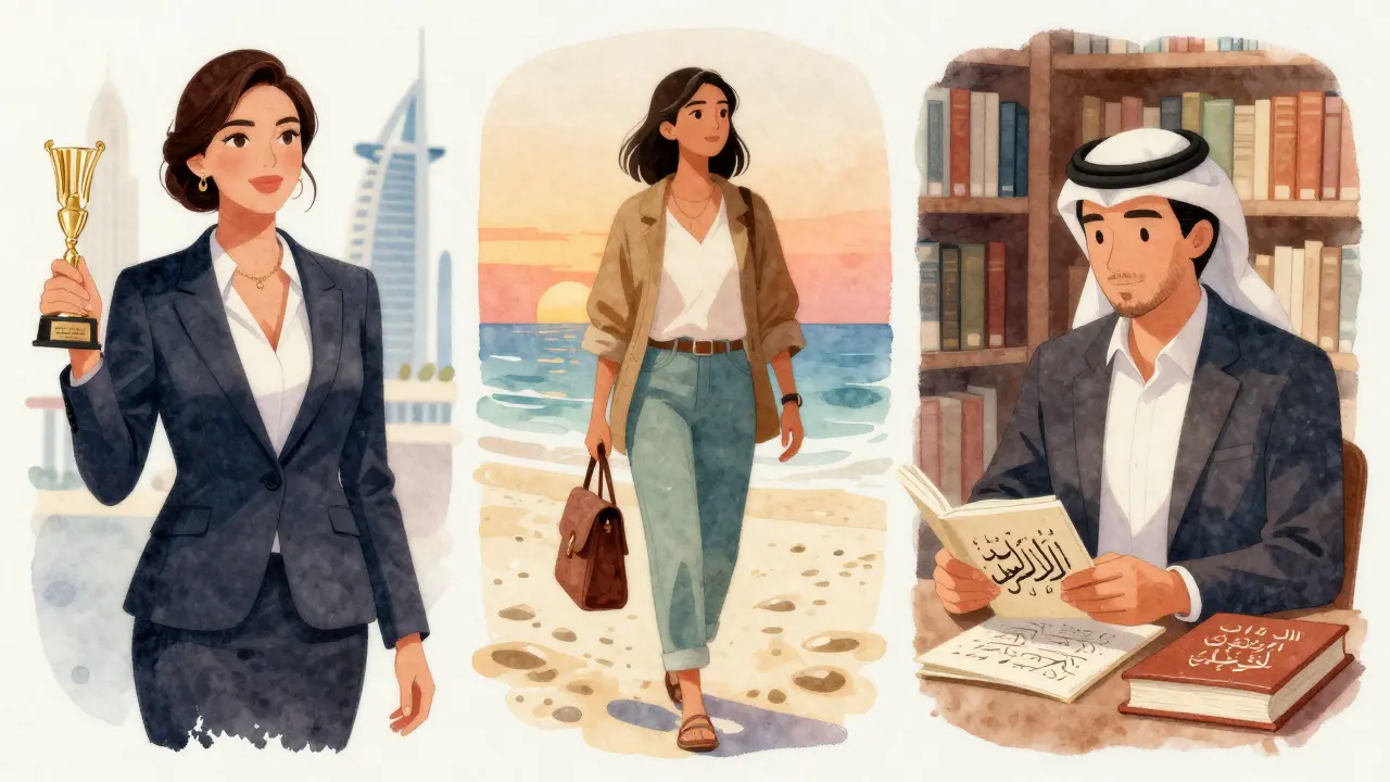 Three professional companions in Dubai — at a gala, on the beach, and in a library — each representing different forms of companionship with dignity and purpose.
