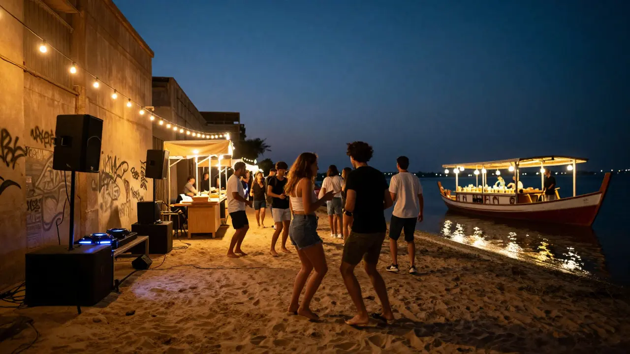 Underground party in Alserkal Avenue with people dancing on sand, string lights, and a dhow boat nearby.