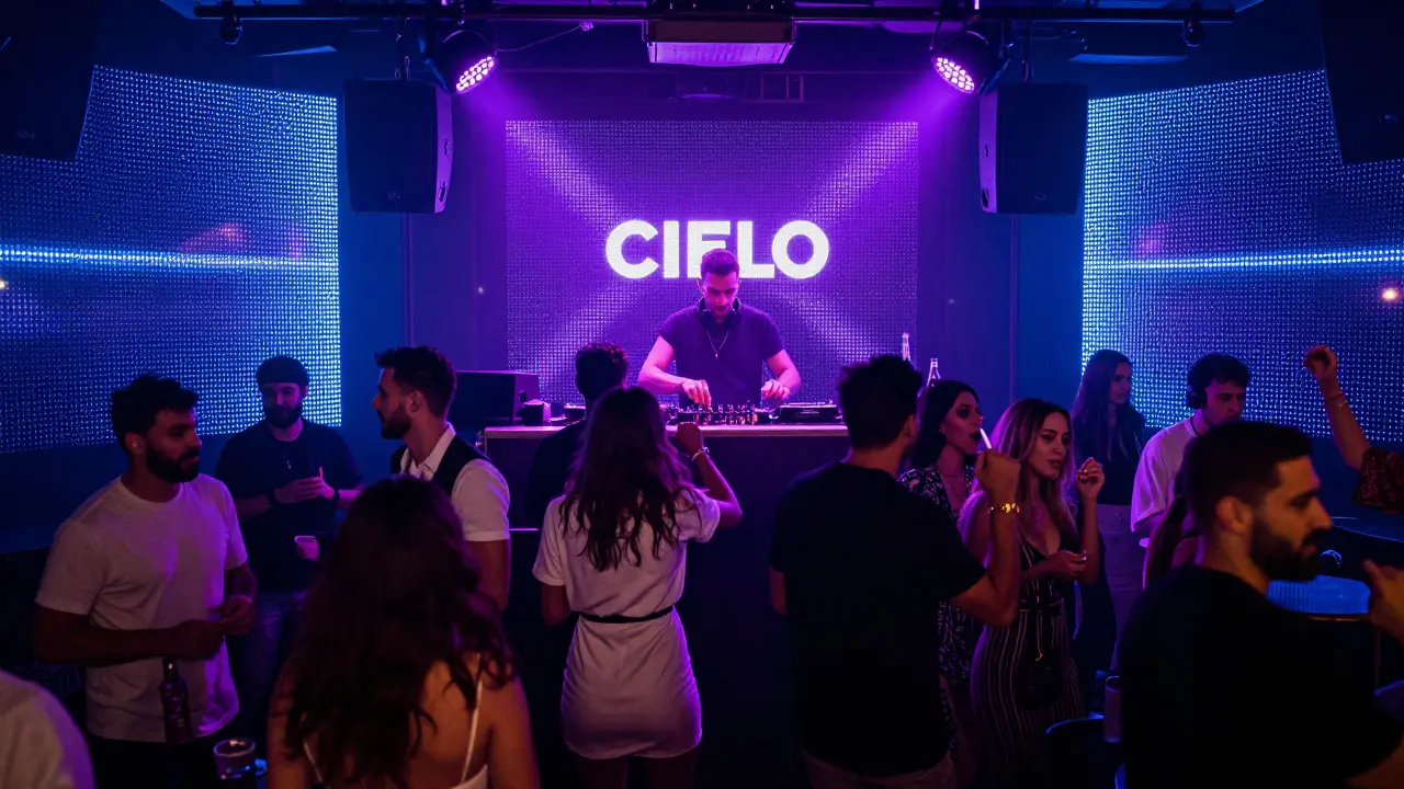 Vibrant nightclub interior with LED lights and people dancing to electronic music in Dubai.