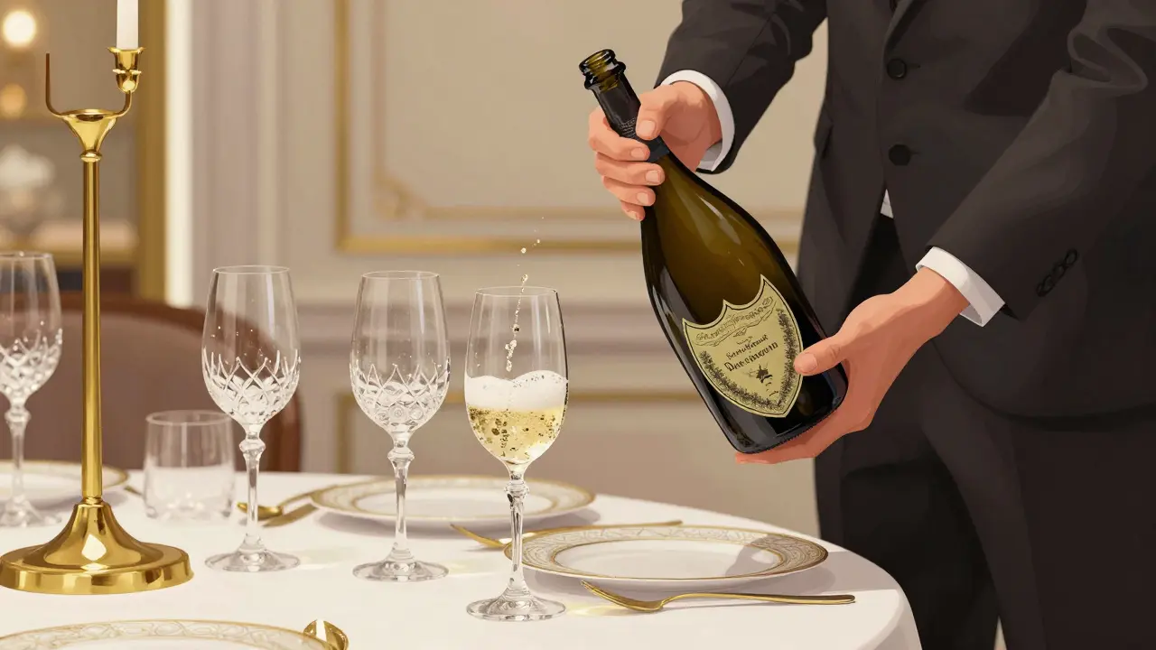 VIP champagne service with crystal glasses and Dom Pérignon bottle.