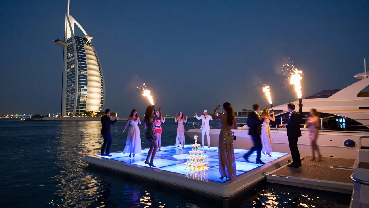Yacht party cruising Dubai Marina at night with floating dancefloor and fire dancers under city lights.
