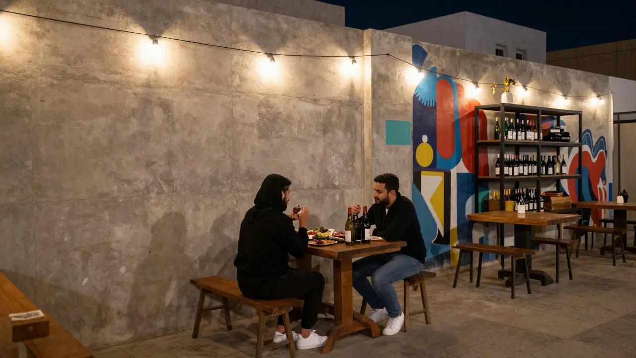A couple shares local delicacies at an arts district bar, surrounded by raw concrete walls and soft string lights at night.
