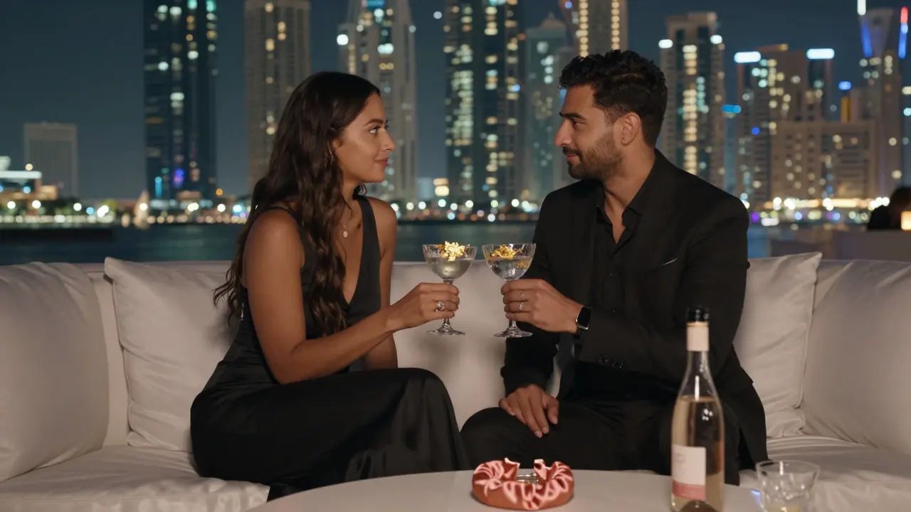 A couple sips cocktails on a white sofa at a luxurious rooftop lounge, city skyline shimmering behind them, with a silk wristband beside their drinks.