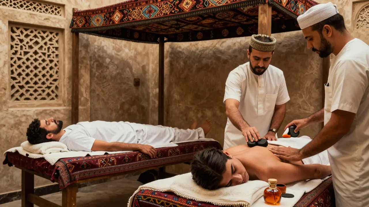A couples massage in a traditional Arabian-style room with wooden tables, silk canopies, and the scent of oud filling the air.