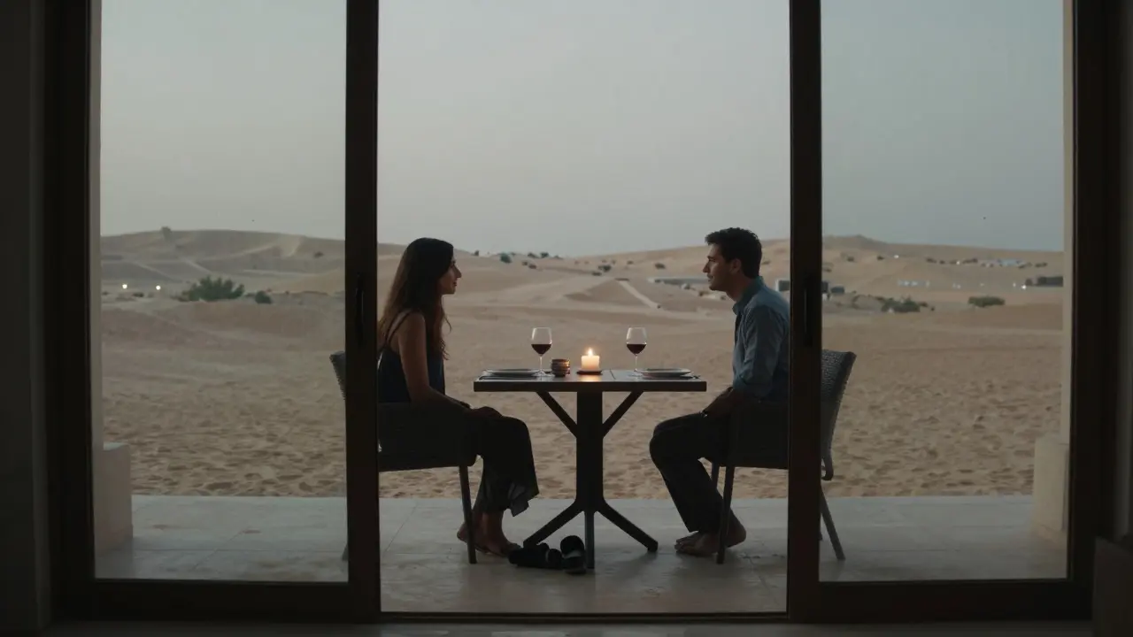 A desert villa with candlelit dinner setup, signs of intimacy without people present.