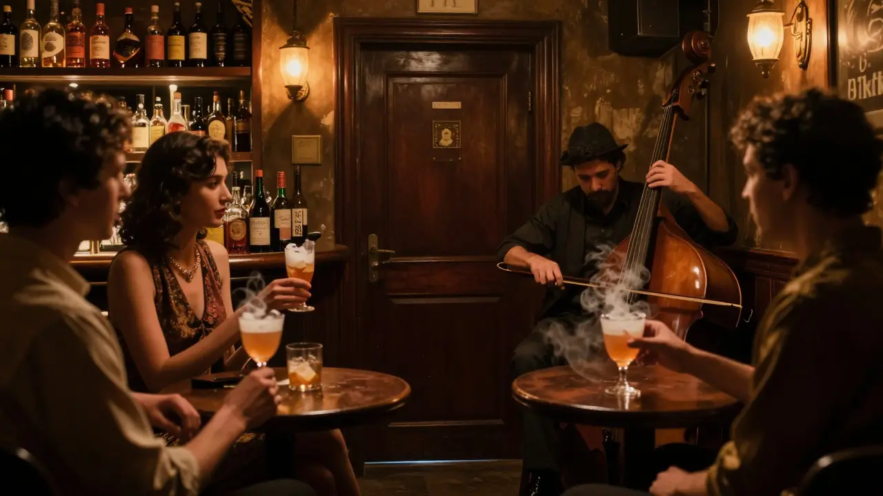A dimly lit hidden bar with patrons sipping cocktails, a musician playing oud, and warm amber lighting creating a mysterious vibe.