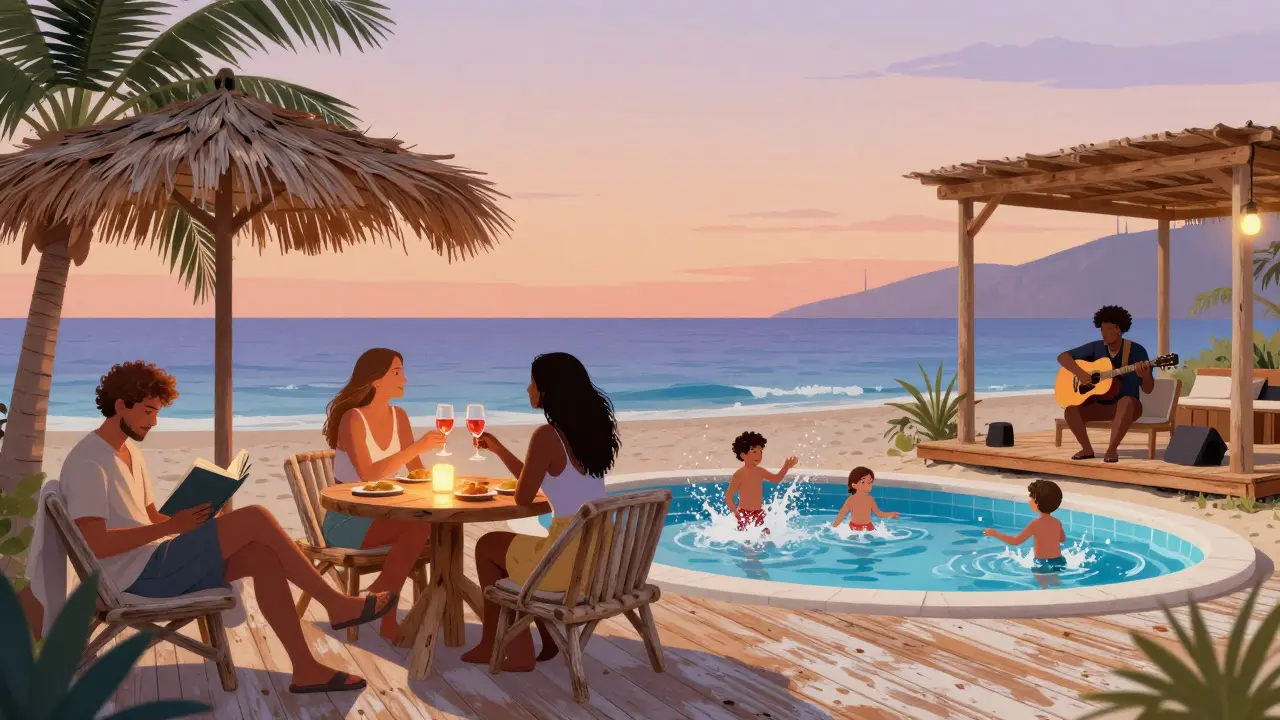 A diverse group enjoys a twilight beach club—reading, sipping drinks, and playing by a splash pool under palm trees and string lights.