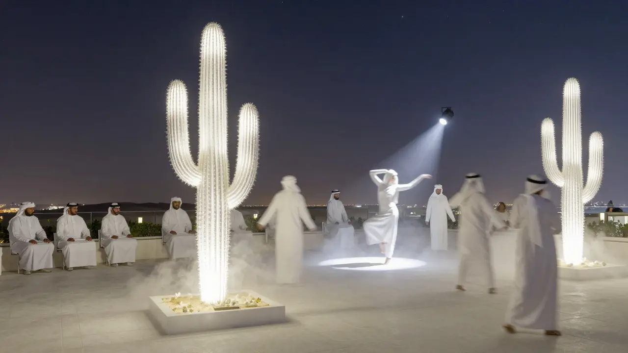 A glowing cactus installation illuminates white-clad guests on a rooftop as a barefoot dancer moves in silence under a spotlight, desert horizon beyond.