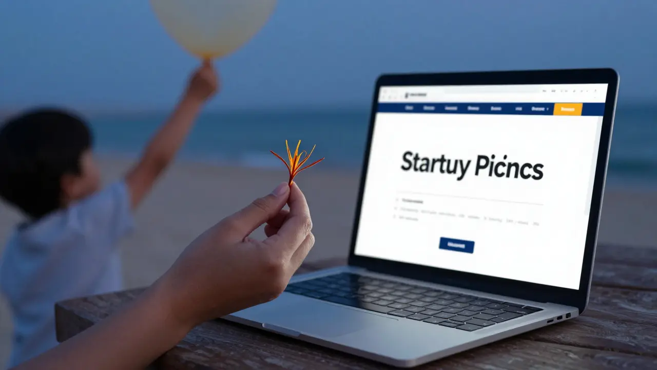A hand holding saffron beside a glowing laptop, with a child’s hand reaching for a balloon in the blurred background of a beach at twilight.