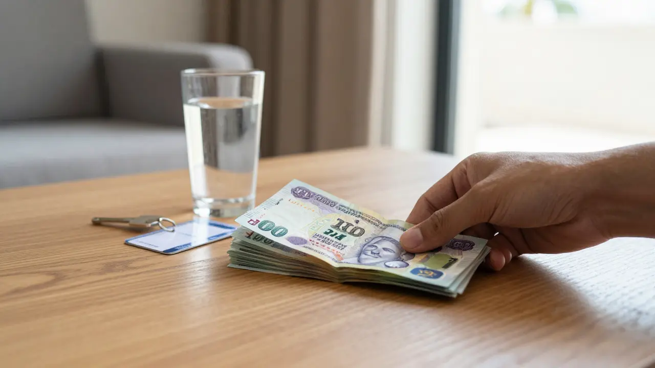 A hand placing cash on a table beside a keycard in a private rental, no faces, only objects.
