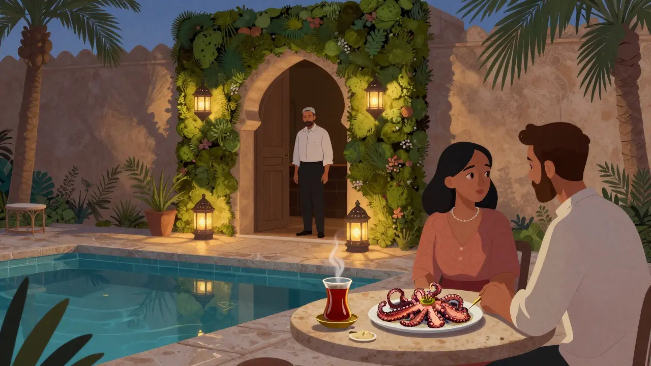 A hidden entrance to an exclusive bar with a doorman, lanterns casting warm light over stone tables and a brass tea cup nearby.