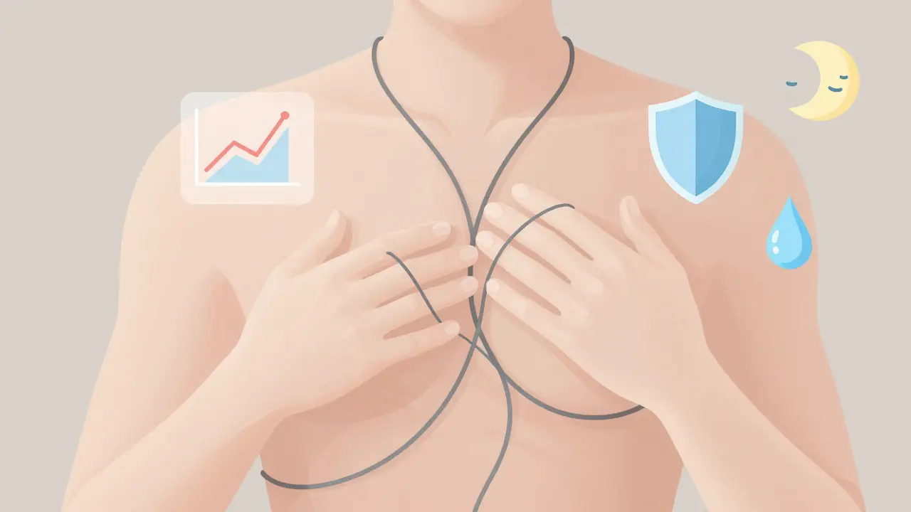 A human torso with tangled cords unraveling under gentle hands, symbolizing stress relief and wellness.