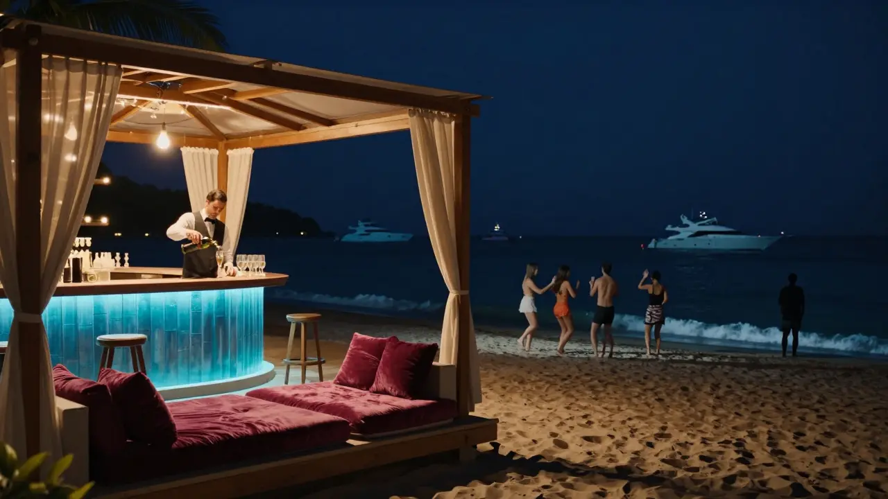 A luxury beach club at night with a swim-up bar, private cabanas, and people dancing barefoot on the sand under glowing lights.