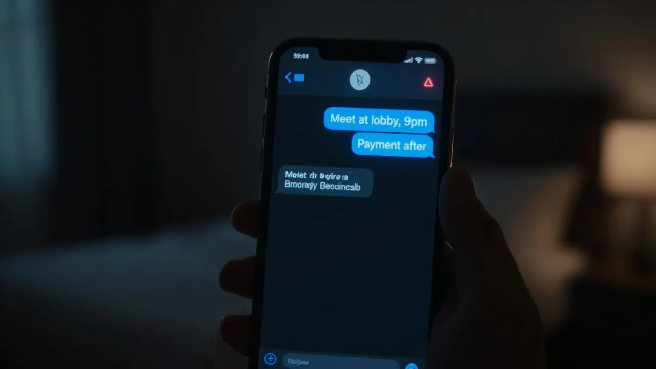 A phone screen shows encrypted chat messages about a discreet meeting, with a warning symbol glowing in the dark.