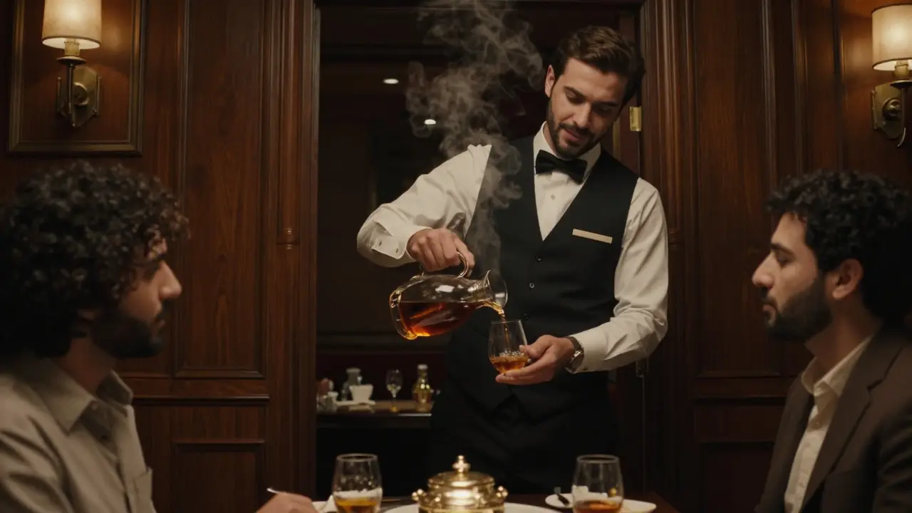 A private oud tasting in a dimly lit Dubai lounge, with elegant decor and steam rising from a poured drink.