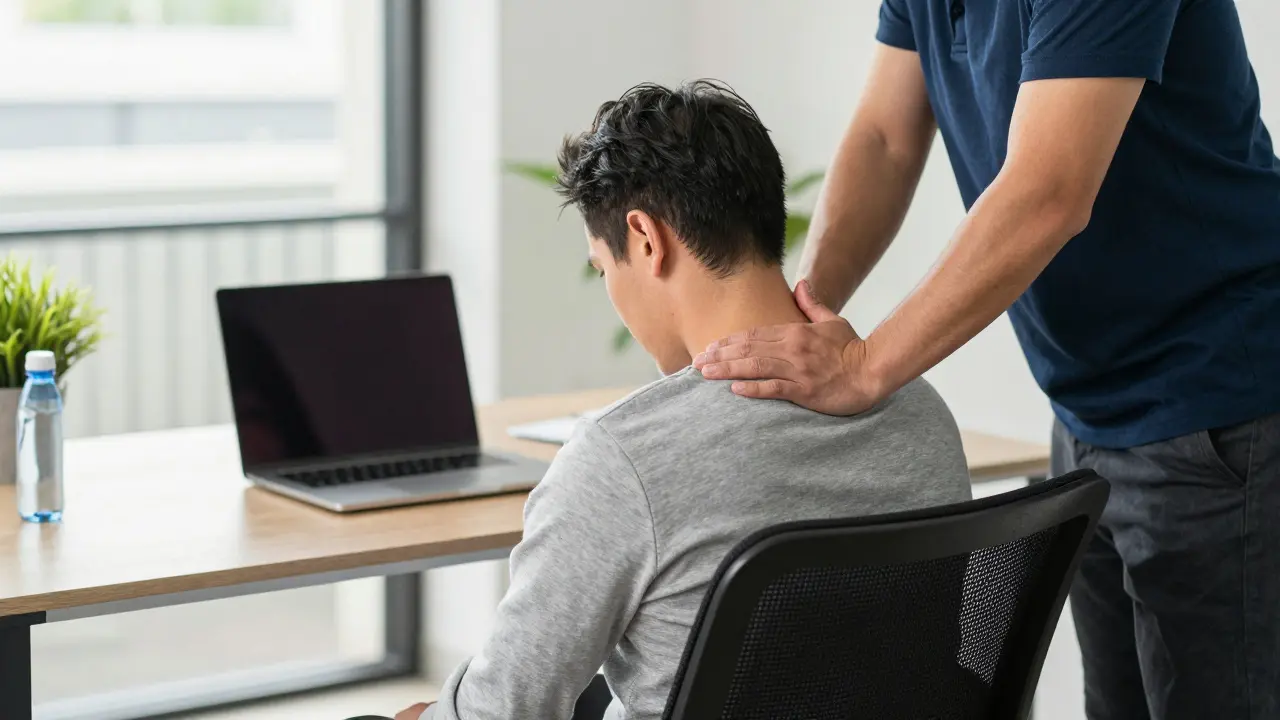 A professional receiving a corporate massage in an office chair, calm and focused, natural daylight.