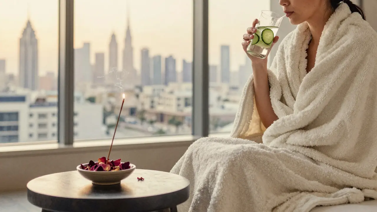 A relaxed client wrapped in a blanket sipping cucumber water after a massage, with golden light streaming through windows overlooking Dubai’s skyline.