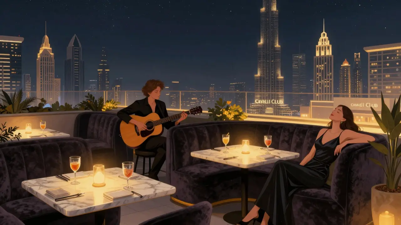 A serene rooftop terrace at Cavalli Club with a live acoustic set, velvet booths, and the Dubai skyline glowing in the distance.