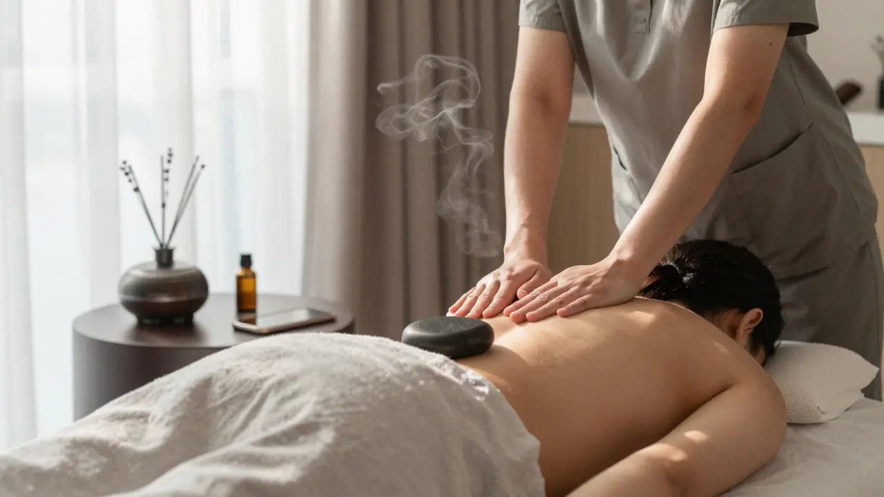 A Thai massage session in a Dubai home with heated stones and lavender mist, natural sunlight streaming through curtains.