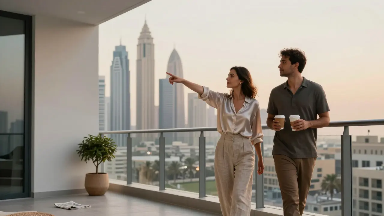 A woman and man walking on a Dubai balcony at sunset, holding coffee cups, skyline in the distance.