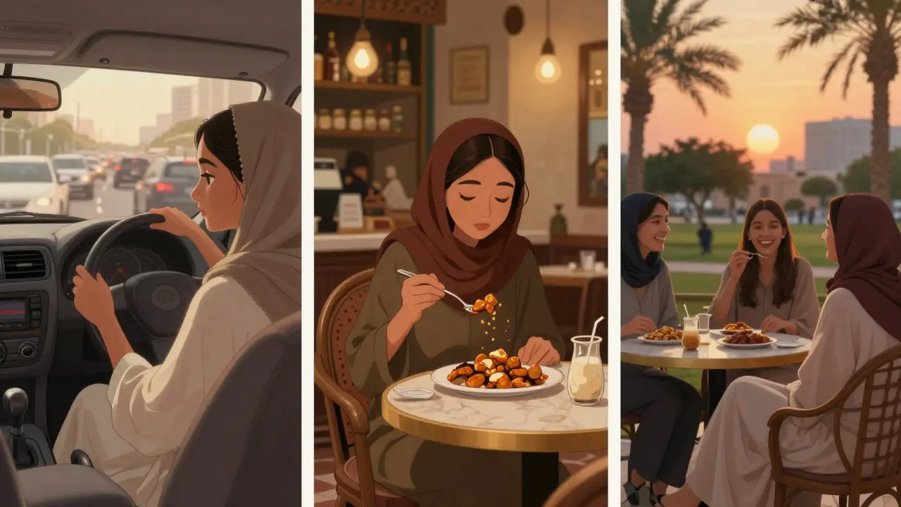 A woman driving through busy Dubai traffic at dawn, then eating breakfast at a café, and later laughing with friends at a park at sunset.