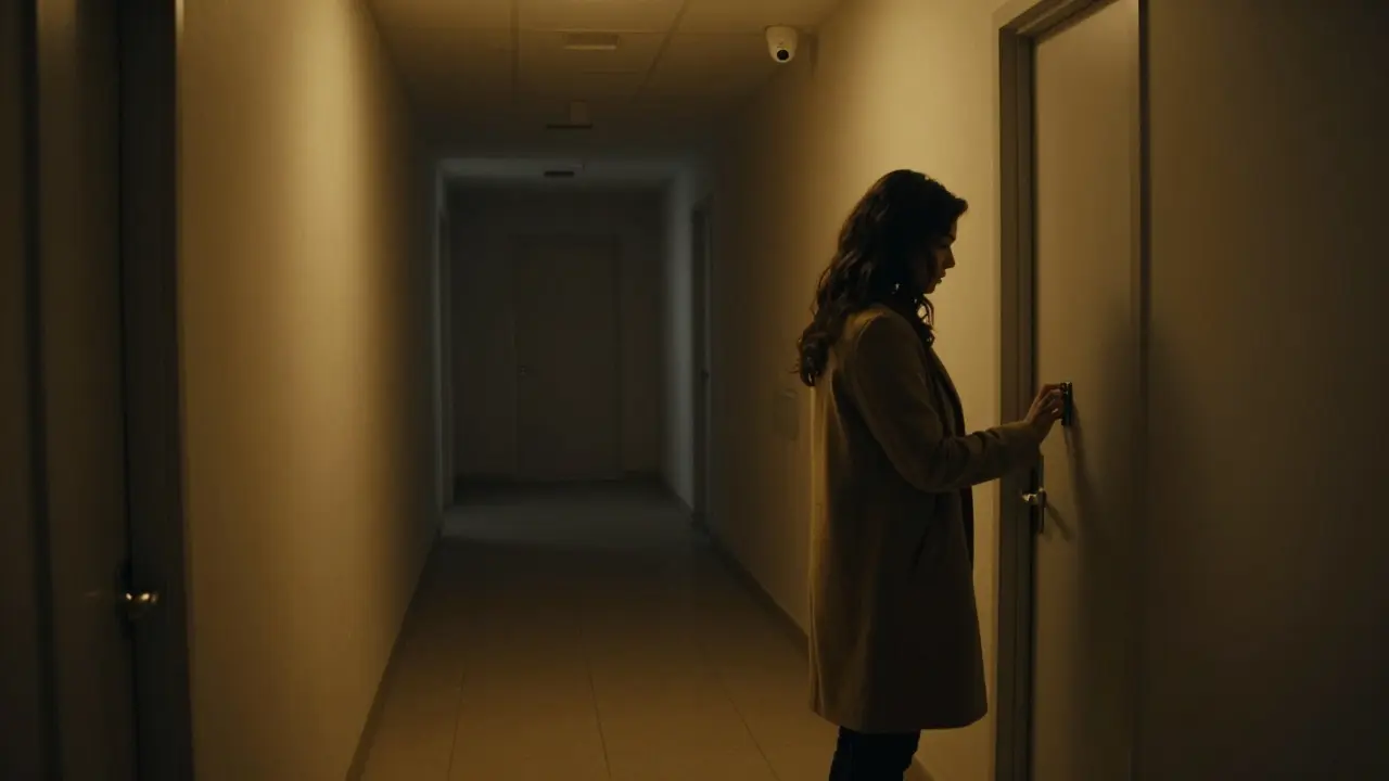 A woman hesitating outside a residential door in a quiet Dubai neighborhood, shadowed and alone.