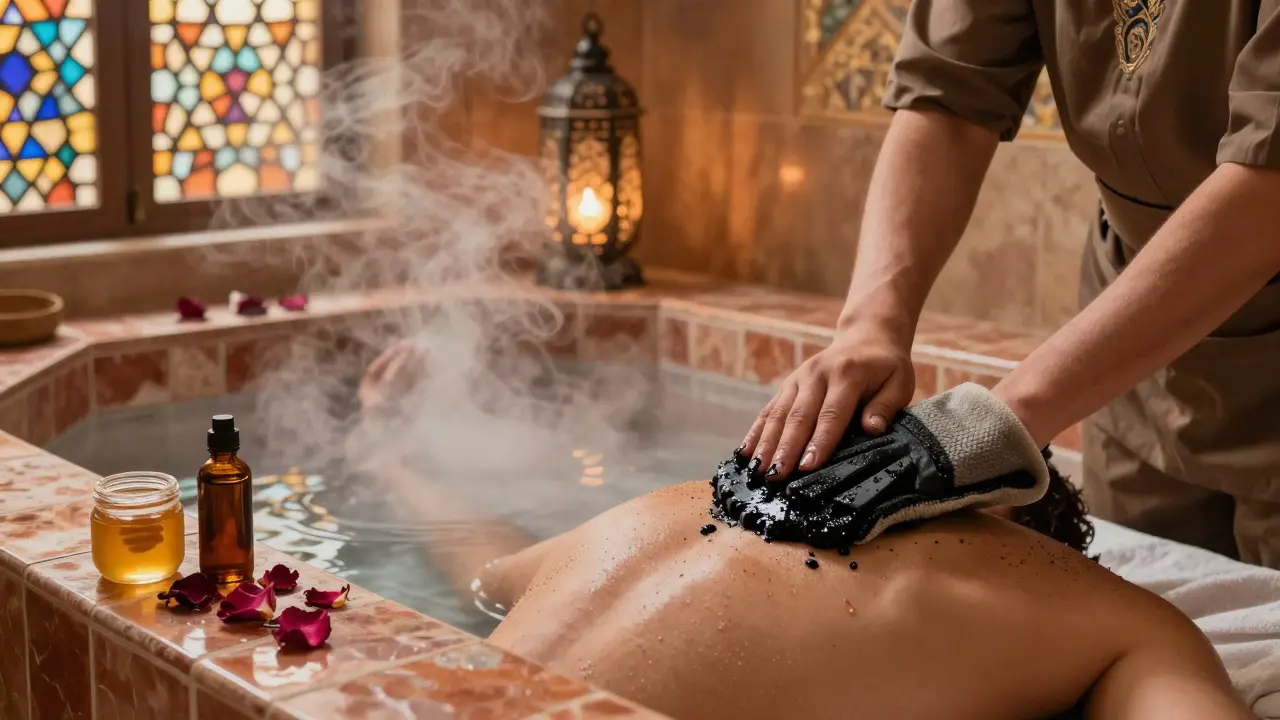 An Arabic Hammam ritual featuring steam, rosewater, and black soap scrub in a tiled room with lantern light.