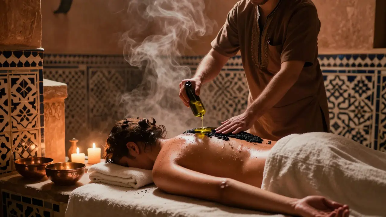 An Arabic Hammam ritual in Dubai with steam, oil pouring, and black soap exfoliation, set in a traditional stone chamber with copper bowls.