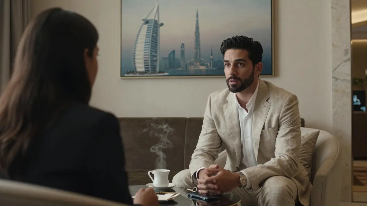 An elegantly dressed companion and client having a calm, phone-free conversation in a luxurious hotel lounge.