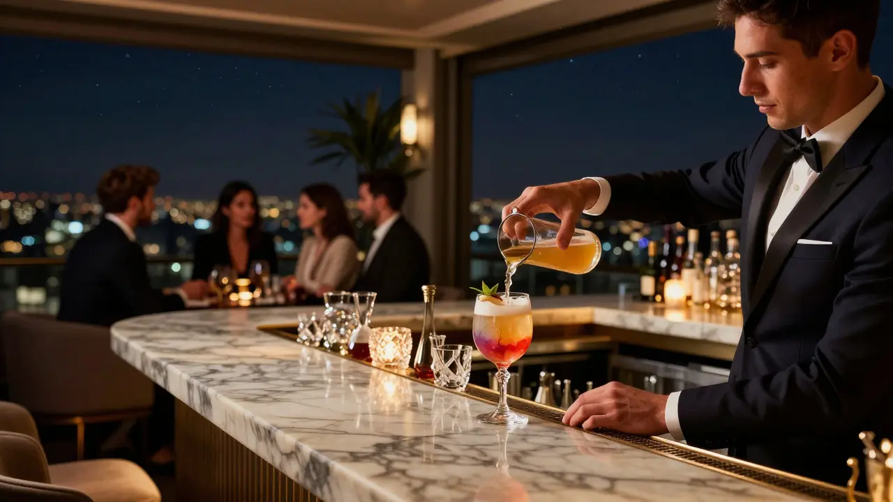 Bartender pouring cocktail at upscale rooftop lounge with city views and guests socializing