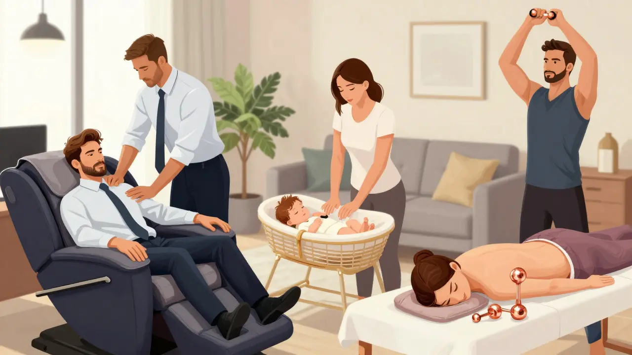 Dubai residents receiving massages in daily life: an office worker, new mother, and athlete experiencing therapy in different settings.