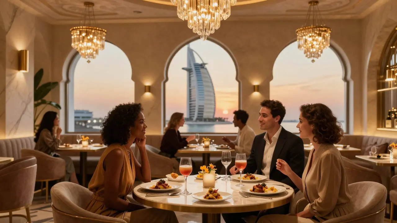 Elegant dining at luxury restaurant with Gulf views