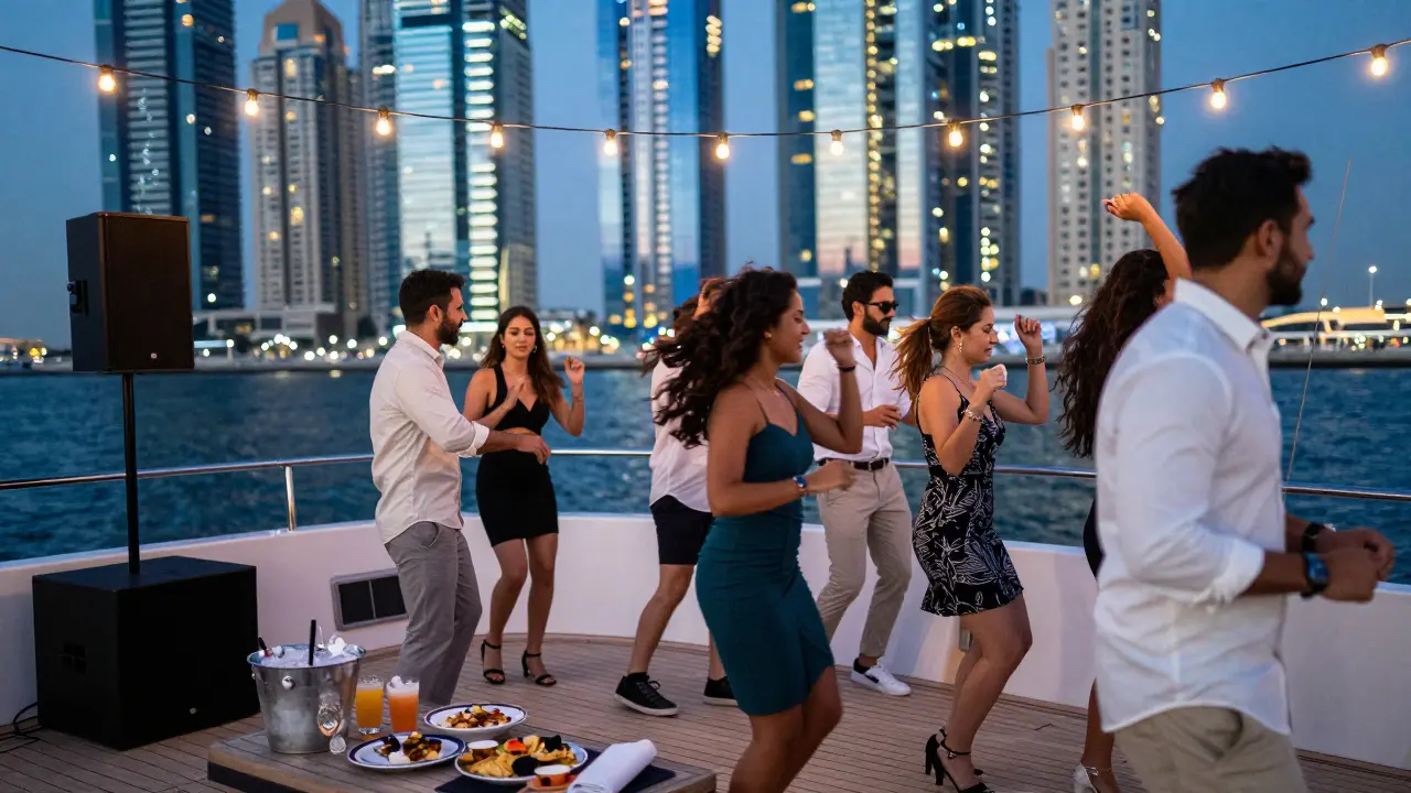 Friends dancing on a party yacht with Dubai Marina skyline lights behind