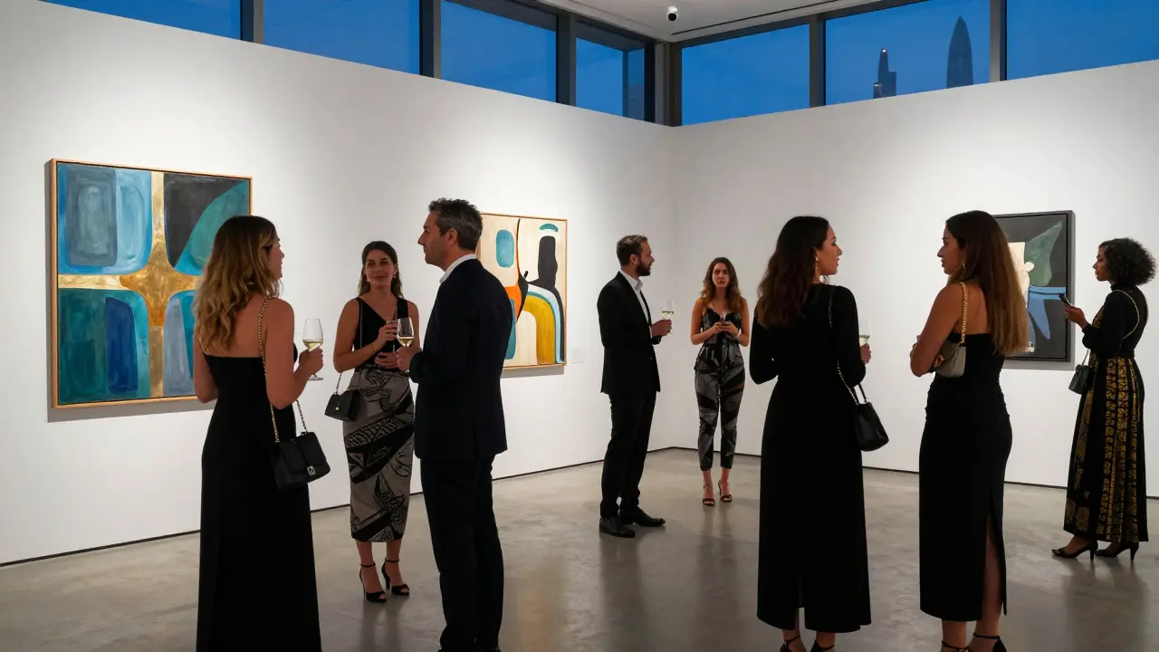 Guests at upscale art gallery opening event