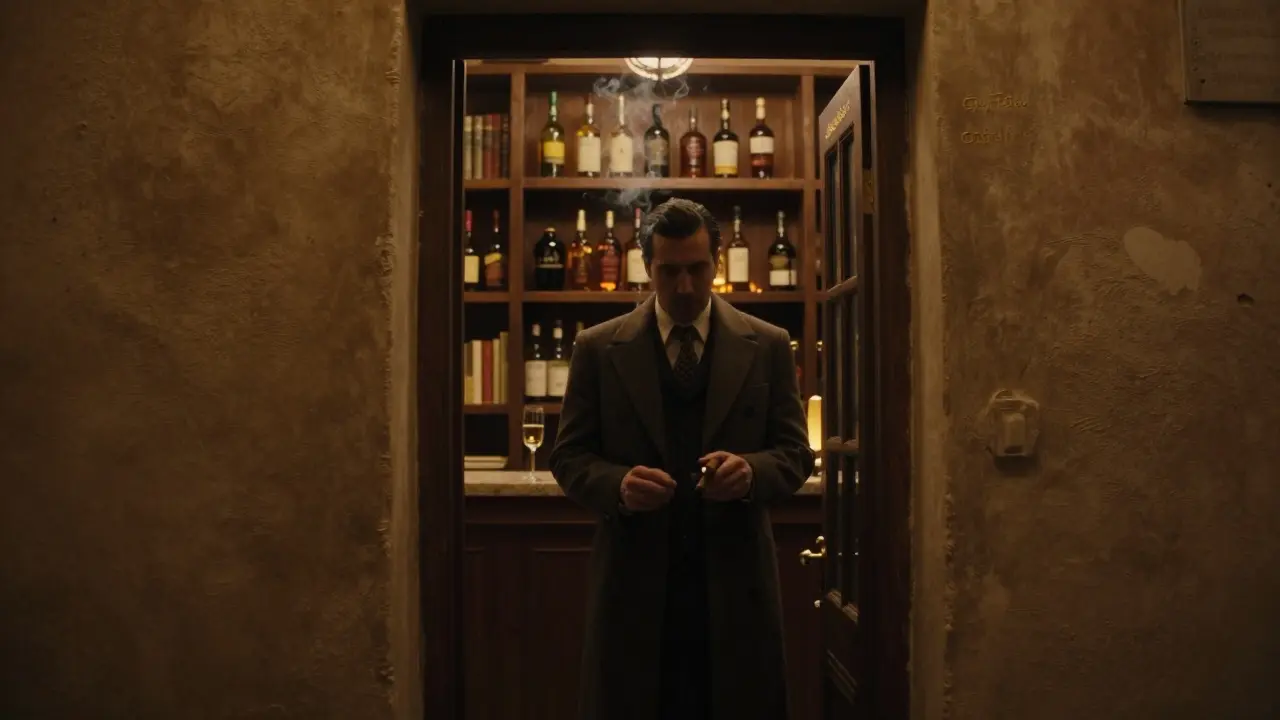 Hidden speakeasy entrance behind a bookshelf, warm light spilling from a doorway, man in coat pausing before entering.
