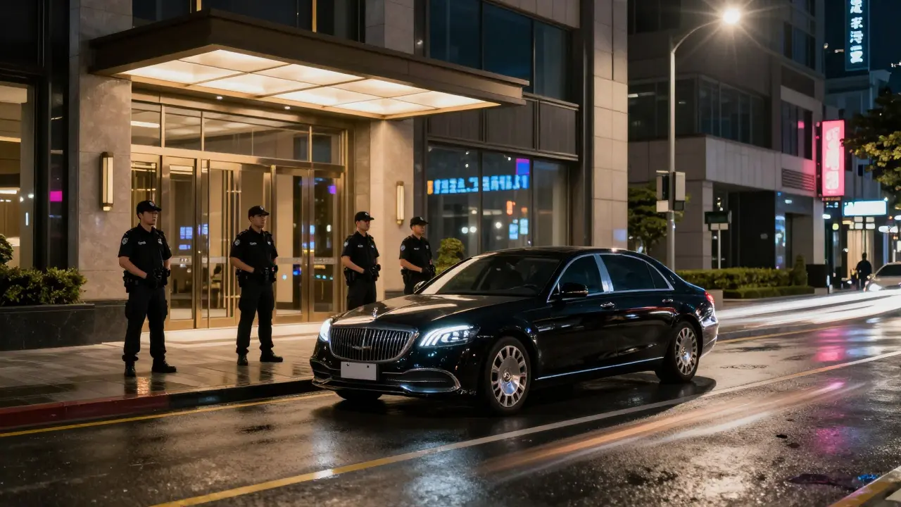 Luxury car dropping off guests at secure venue entrance with security present at night