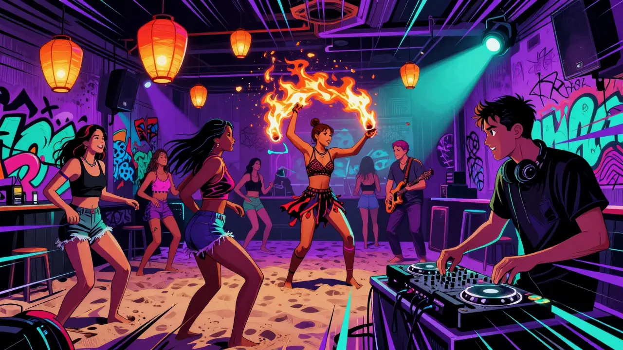 Neon-lit underground club in Alserkal Avenue with dancers, fire performer, and DJ under pulsating lights and sand floor.