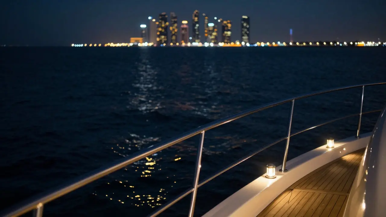 Night view of yacht deck lanterns reflecting on dark water surface