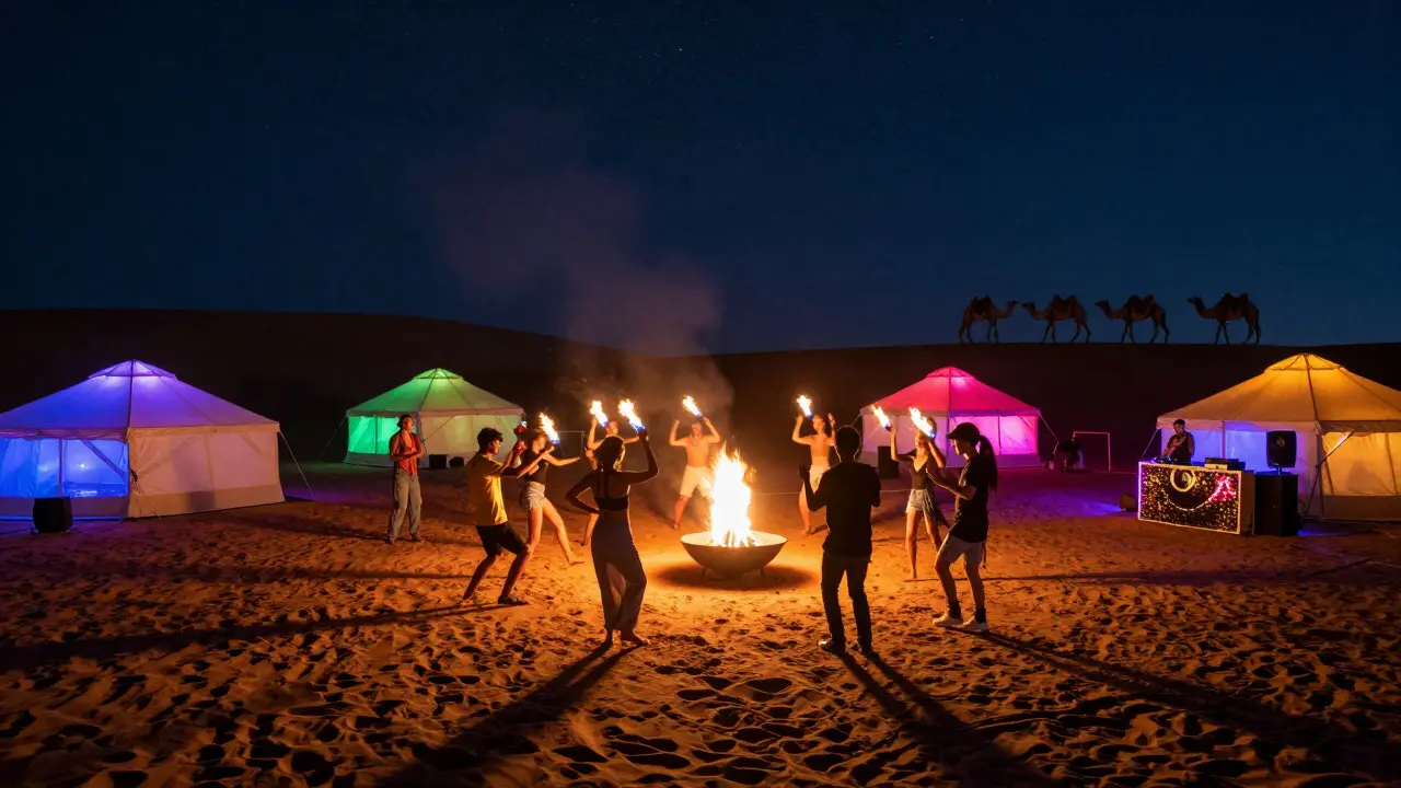 People dancing in a desert party under stars, with LED tents, fire dancers, and sand dunes illuminated by ambient lights.
