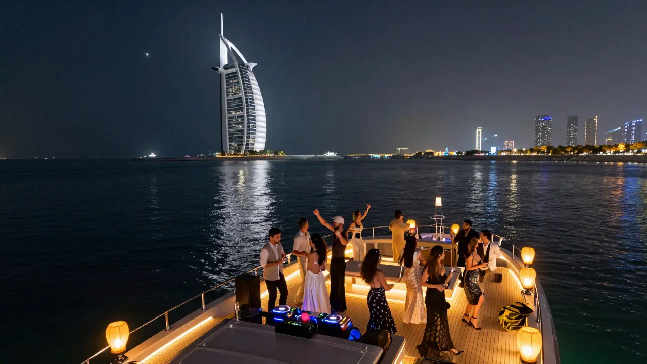 Private yacht cruising past Palm Jumeirah at night, guests dancing under stars with Burj Al Arab glowing in the distance.