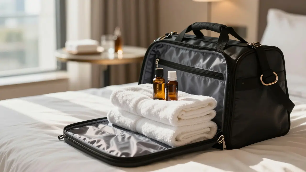 Professional wellness bag with fresh towels and oils on a luxury bed.