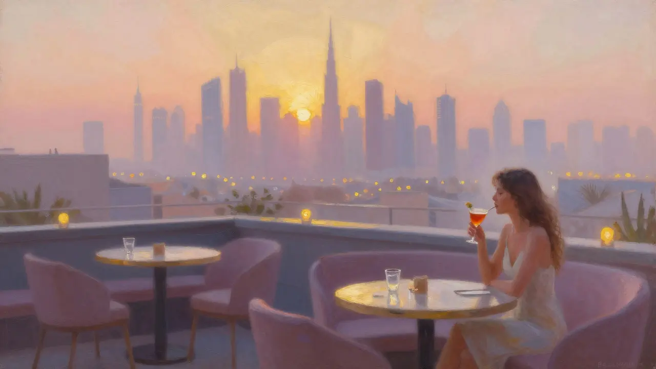 Quiet rooftop lounge at dawn with a lone woman enjoying a cocktail as sunrise begins over Dubai's skyline.
