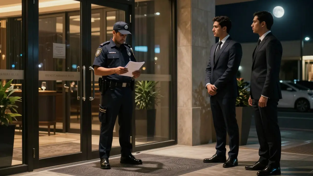 Security personnel managing entry at a VIP venue entrance at night.