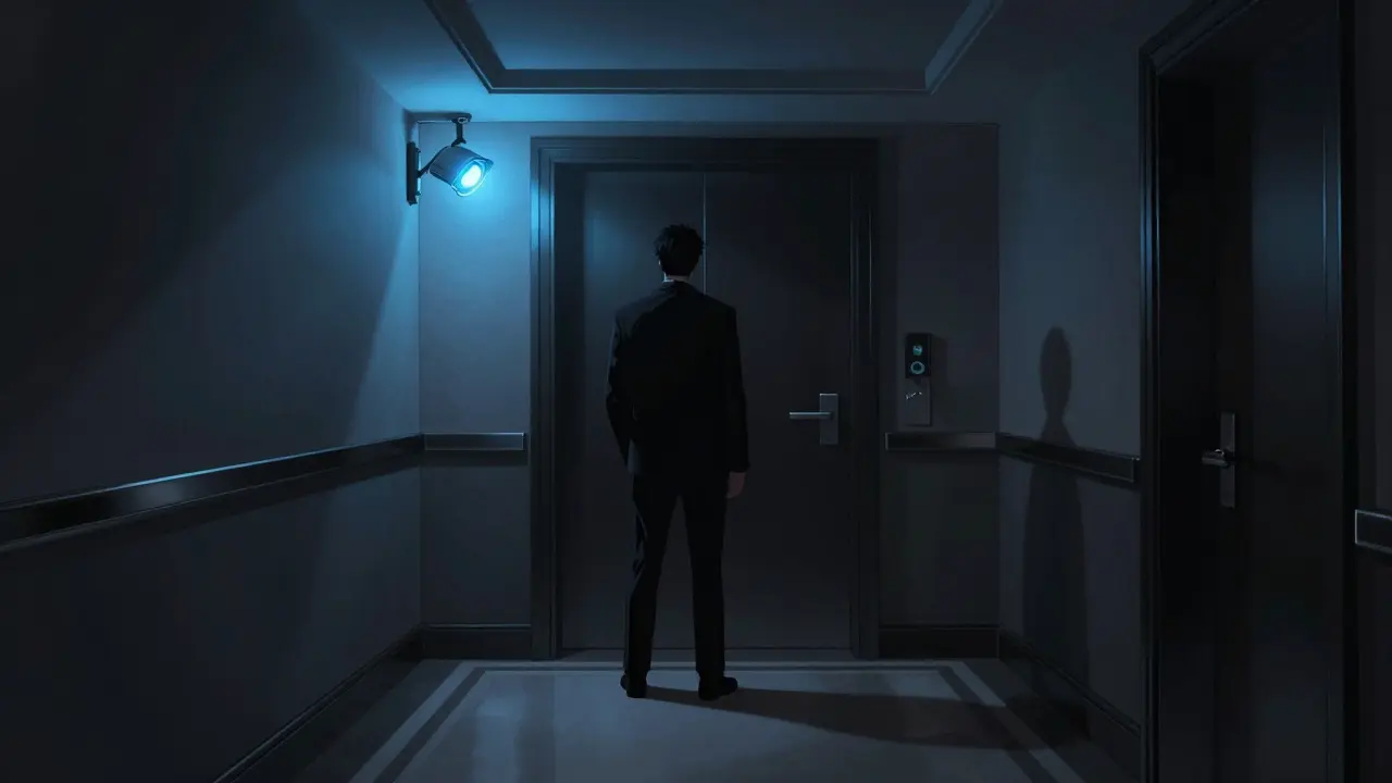 Silhouette in shadowy hallway under security camera.