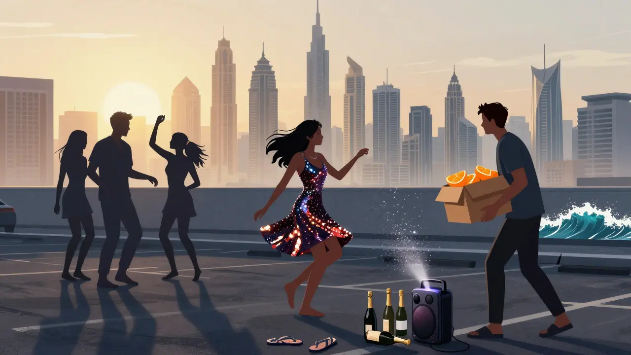 Silhouettes dance on a rooftop at sunrise, portable speaker glowing, city asleep behind them, flip-flops on asphalt.