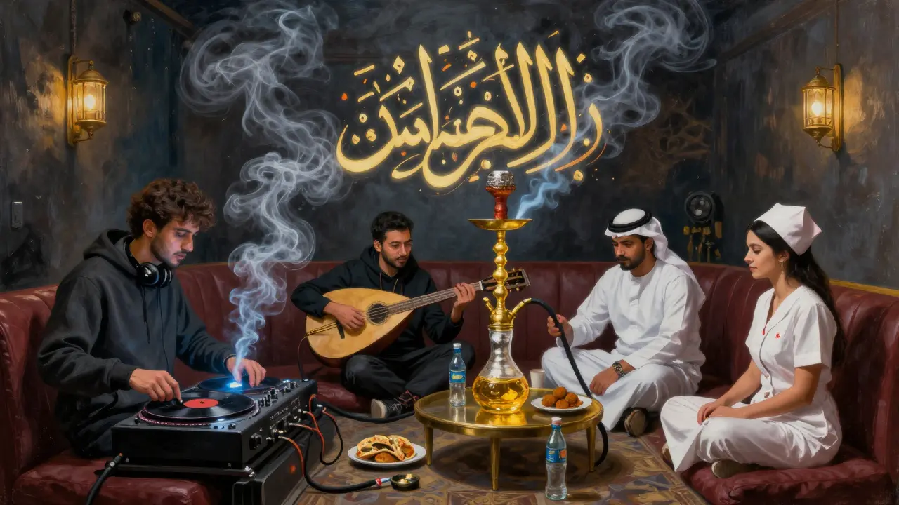 Smoke and music blend in a hidden shisha room, diverse group sits together as oud and beats fill the air.